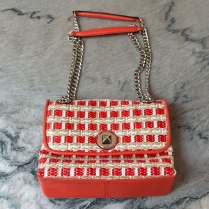 NEW Kate Spade Natalie woven tweed orange leather and cream chain adjustable